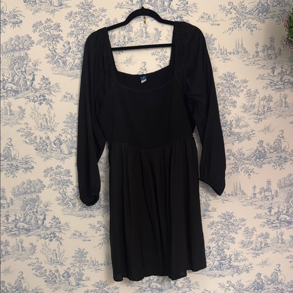 Smocked Long Sleeve Black Dress